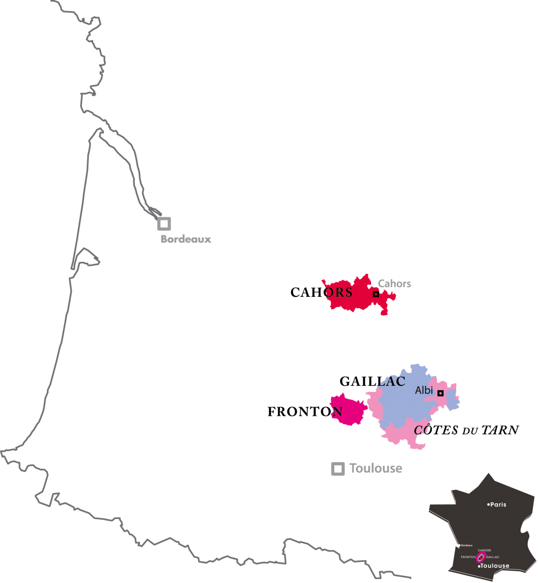 Carte du Vignobles de Cahors, Fronton, Gaillac